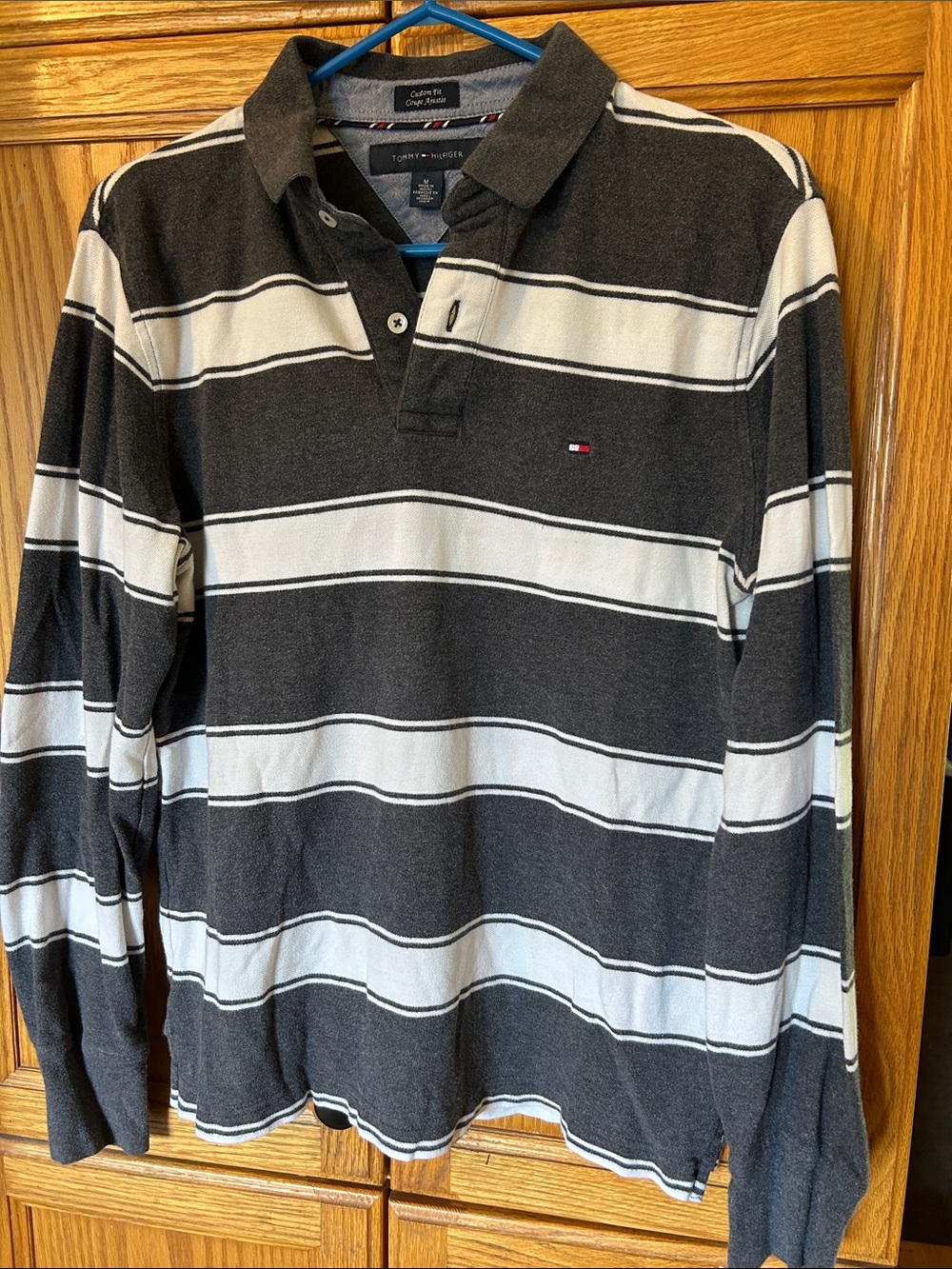 Vintage Tommy Hilfiger Men’s Black and White Striped Long-Sleeve Rugby Polo